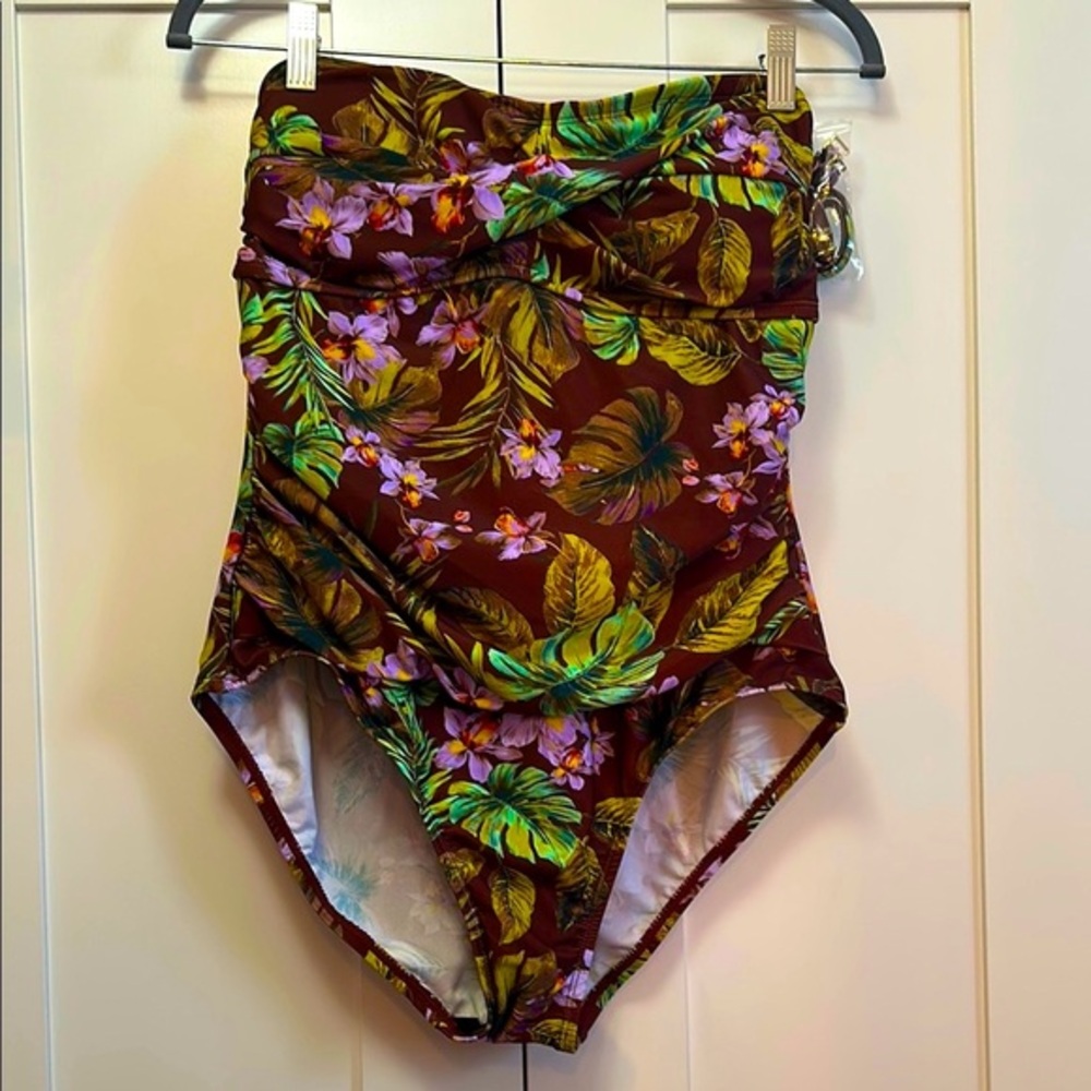 Tropical Floral One Piece Swimsuit Brown With Purple and Green Sz LG NEW!